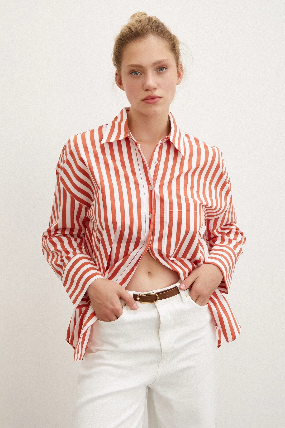 Pocket Striped Shirt Orange