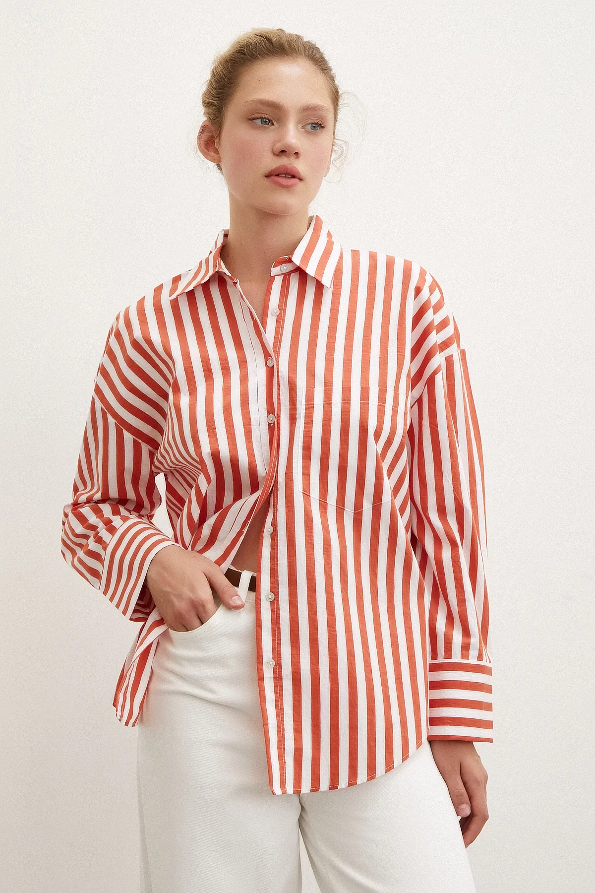 Pocket Striped Shirt Orange