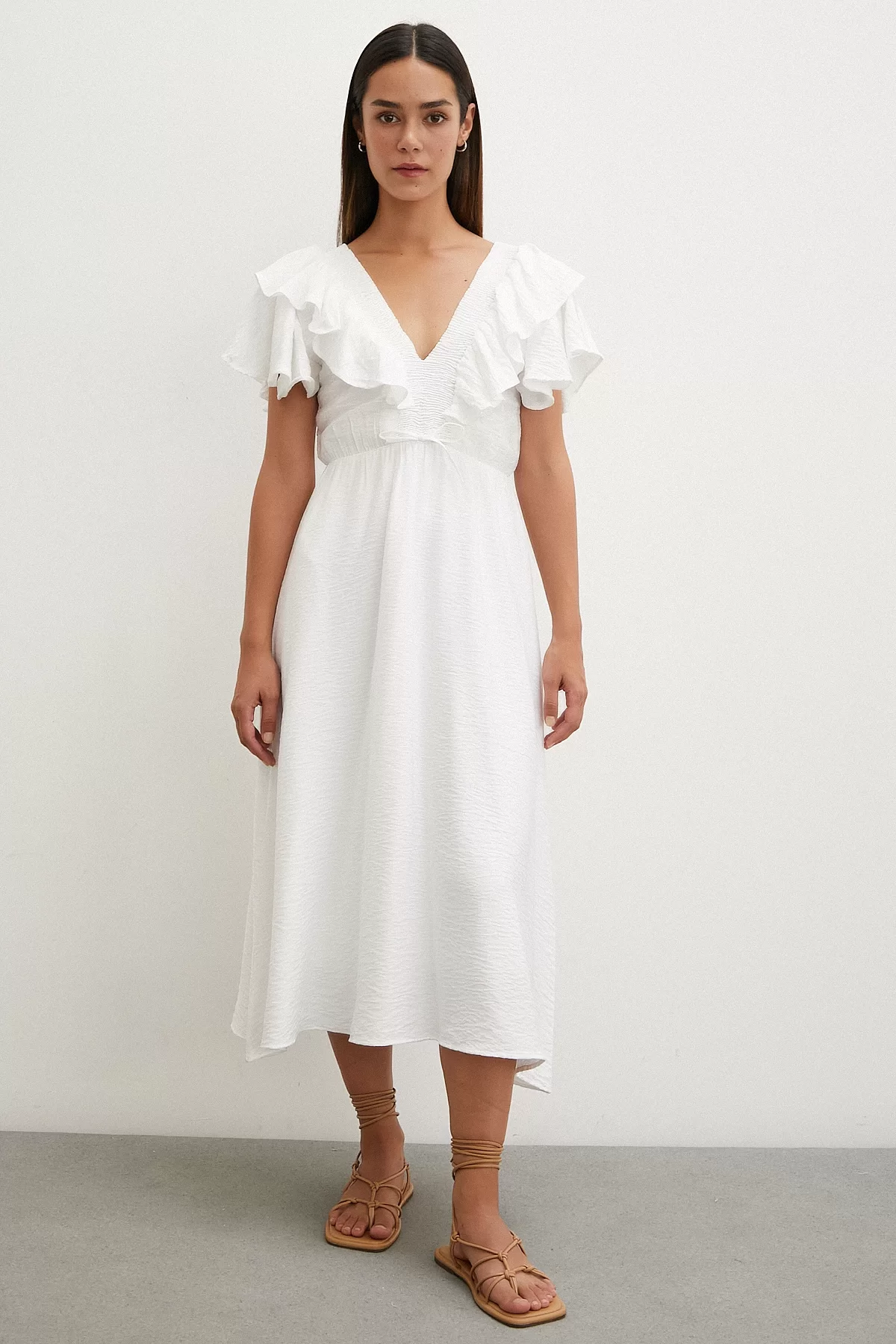 Ruffle Detailed V-Neck Linen Dress White