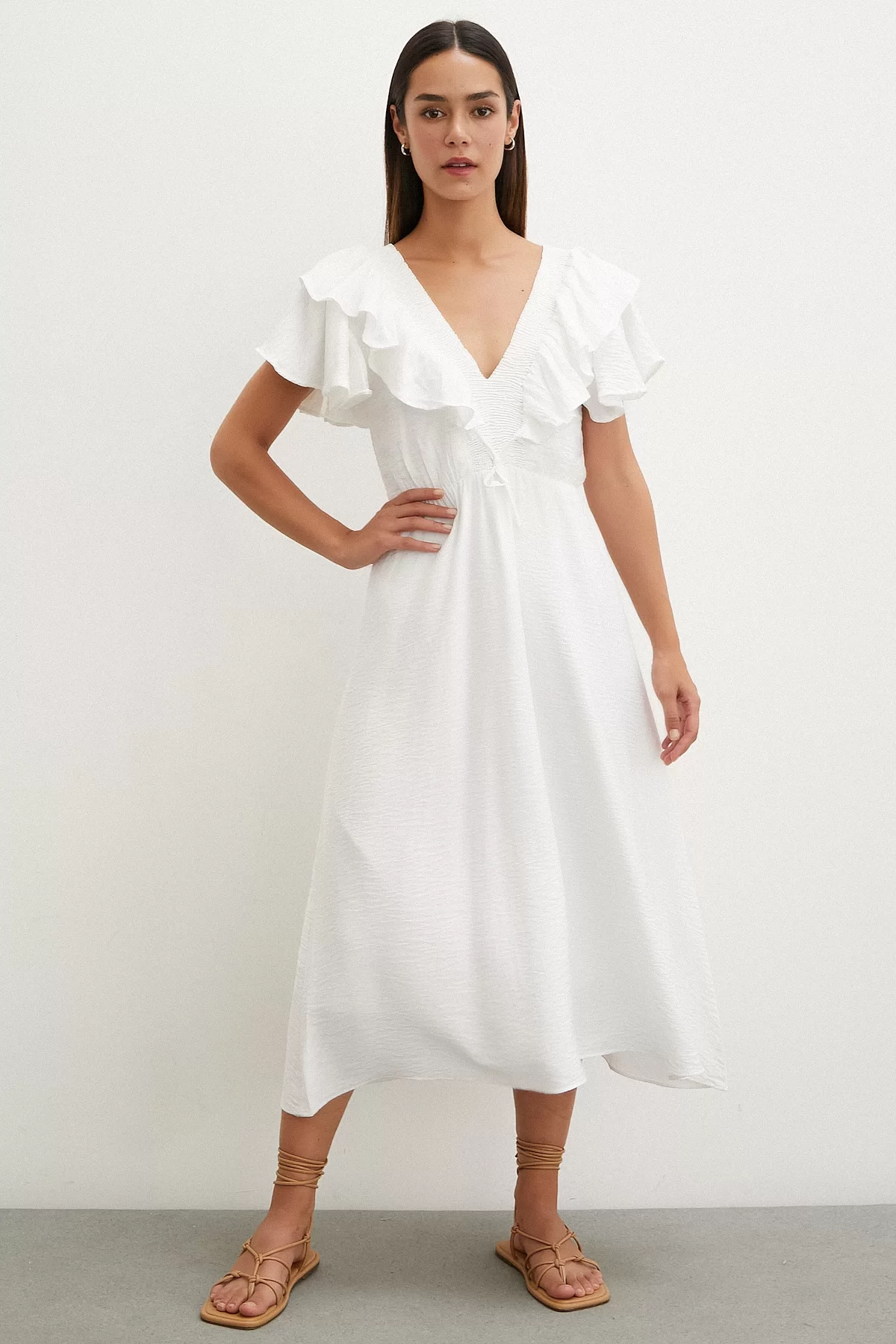 Ruffle Detailed V-Neck Linen Dress White