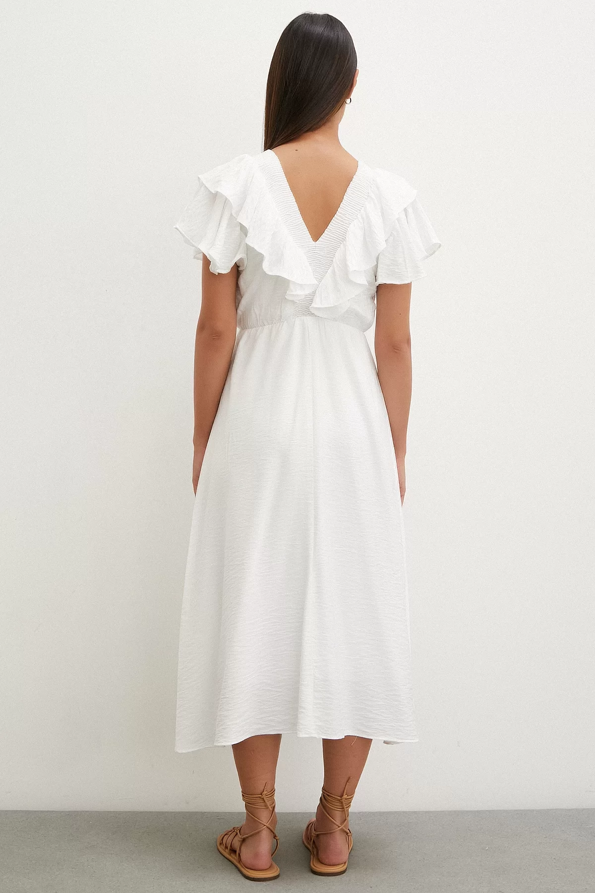 Ruffle Detailed V-Neck Linen Dress White