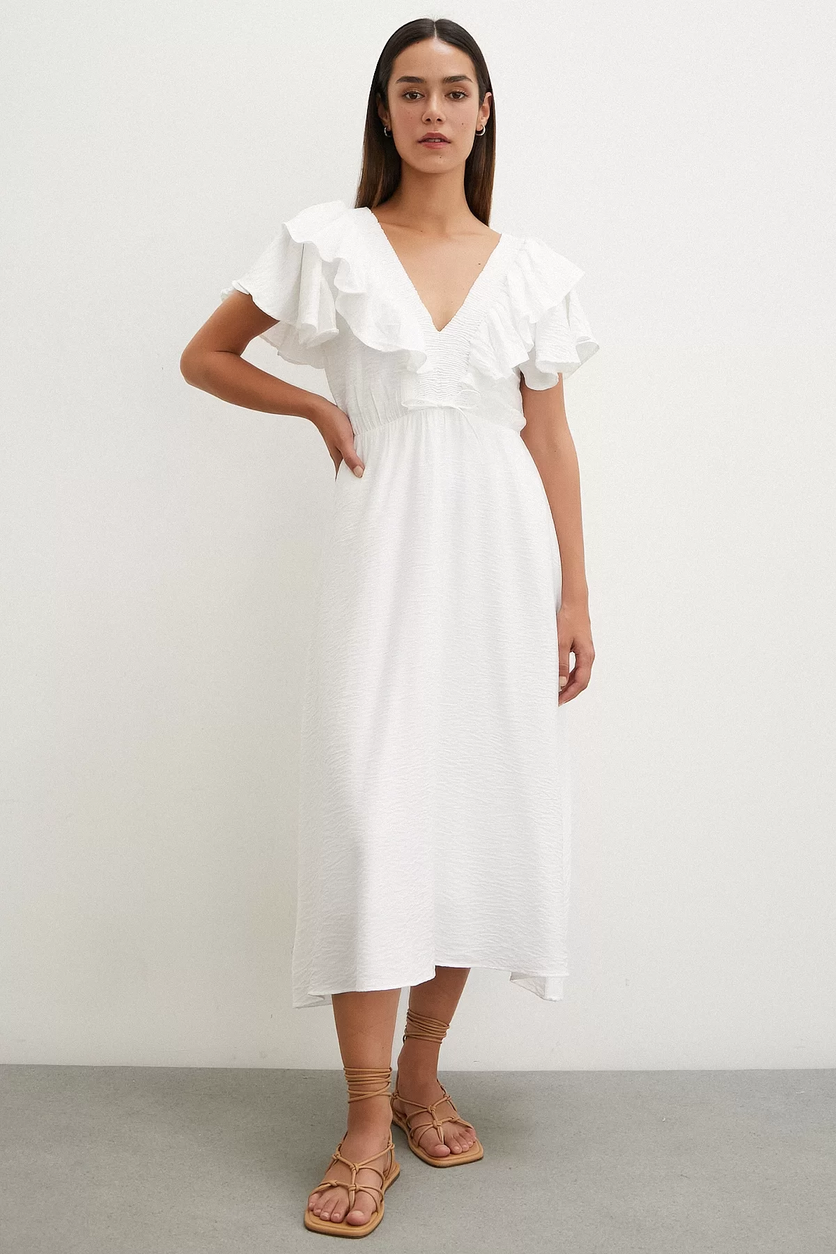 Ruffle Detailed V-Neck Linen Dress White