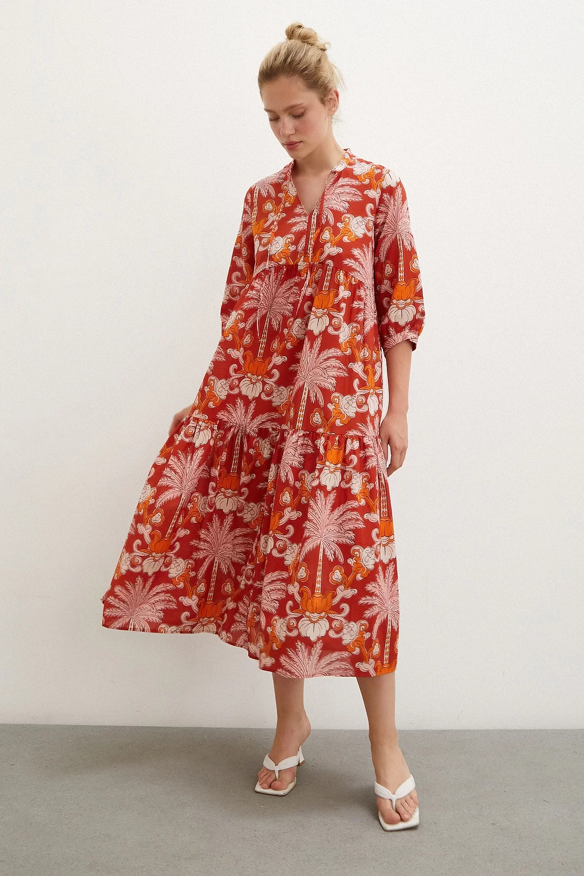 High Neck Patterned Maxi Dress Orange