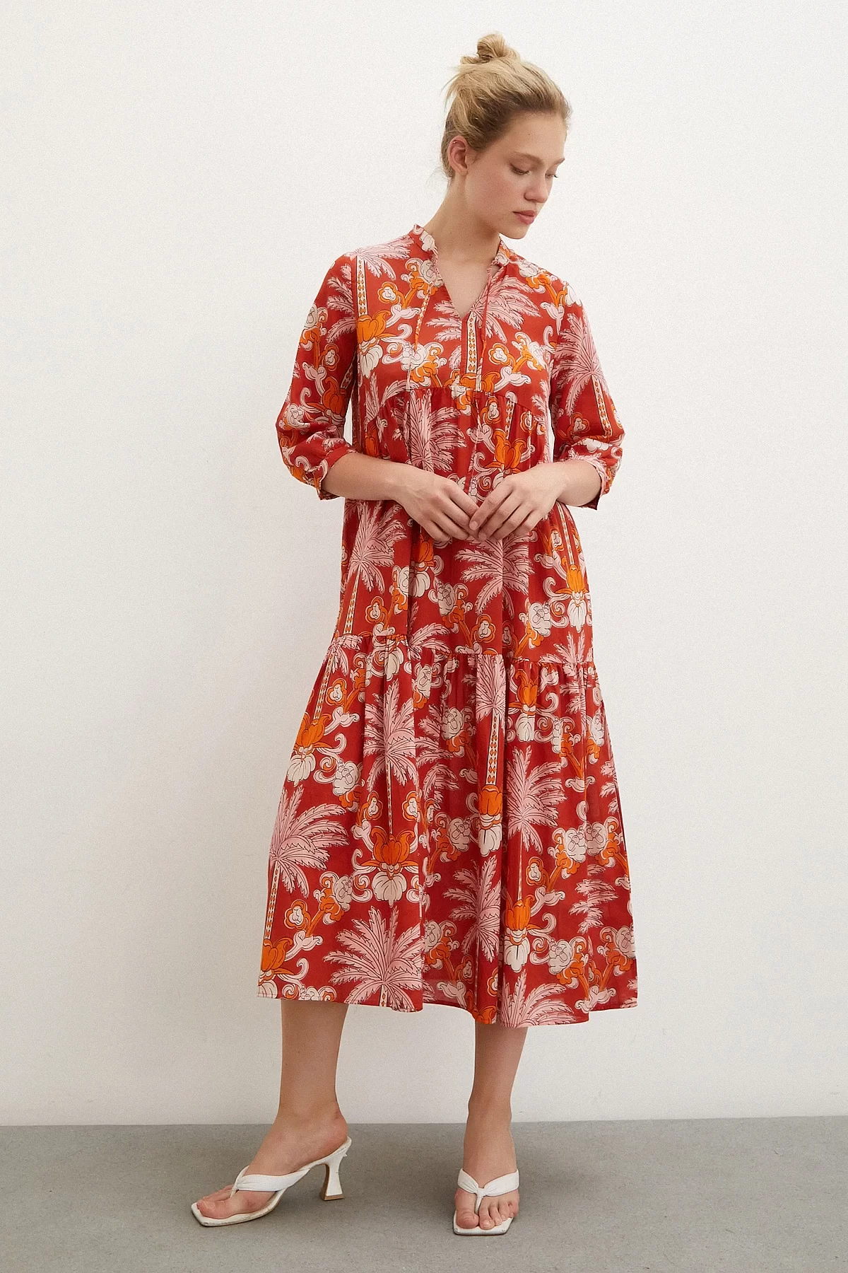 High Neck Patterned Maxi Dress Orange