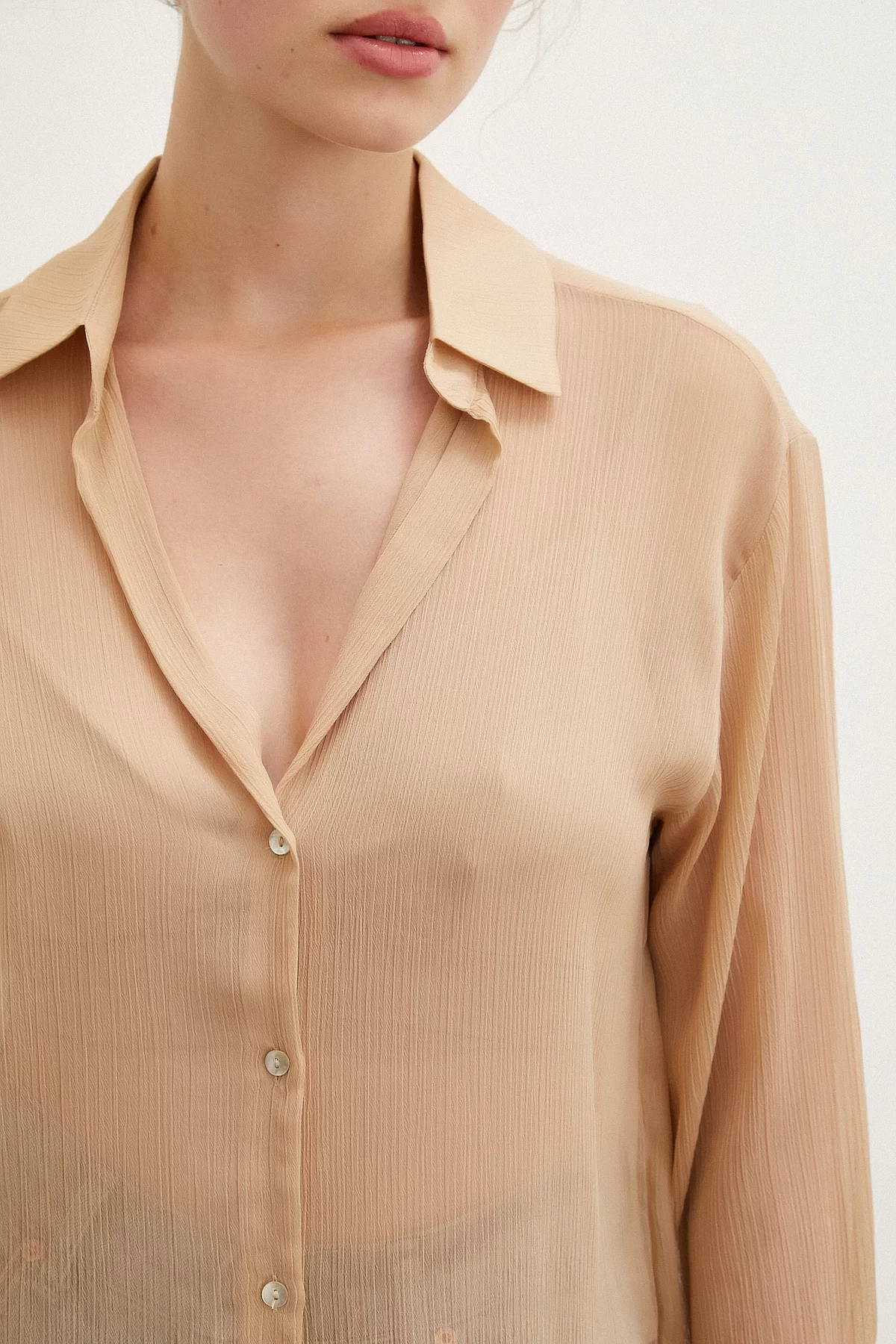 V Neck Tulle Shirt Nude