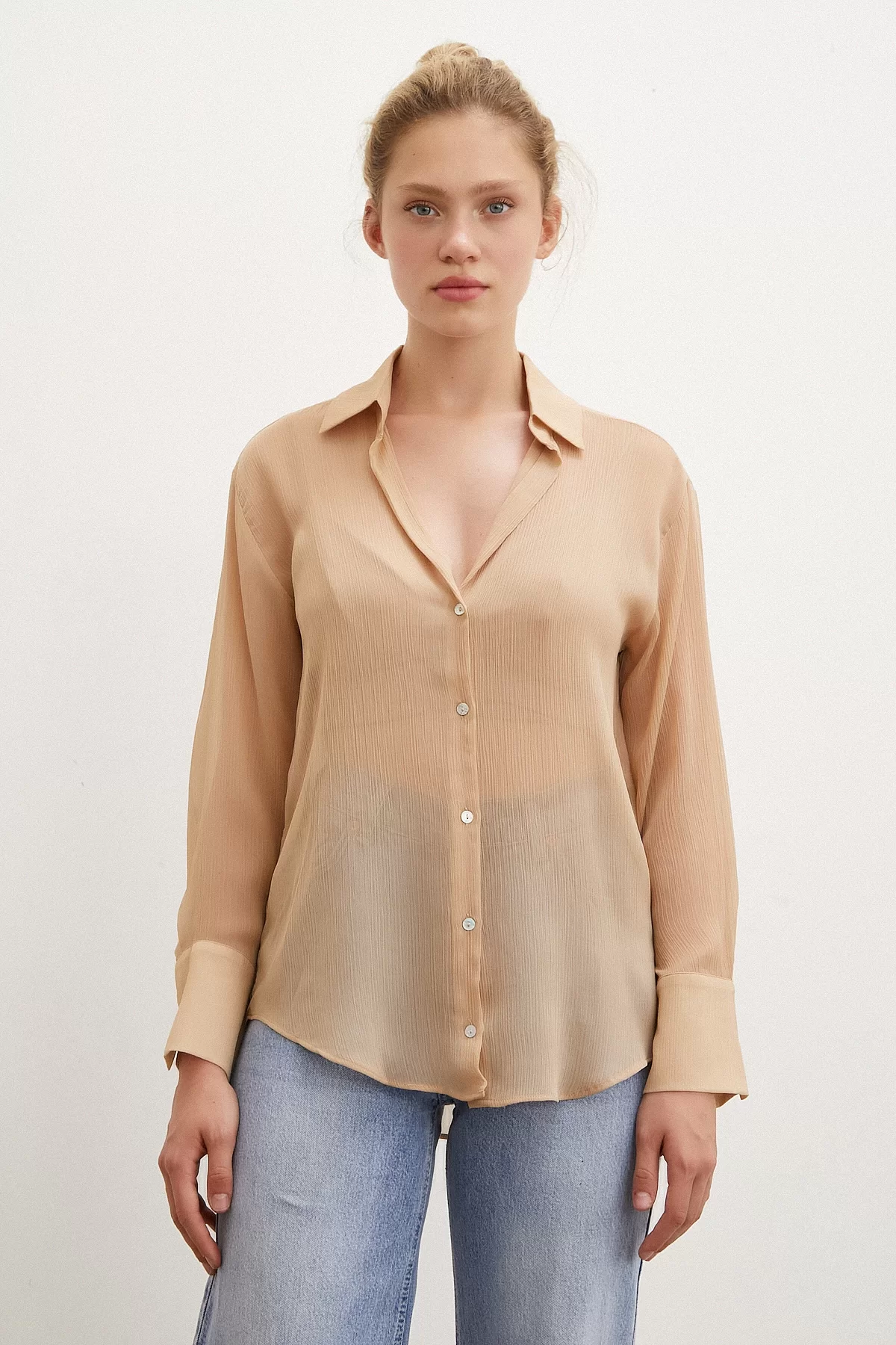 V Neck Tulle Shirt Nude