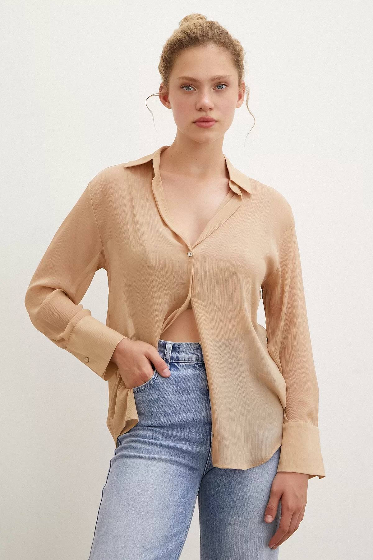 V Neck Tulle Shirt Nude