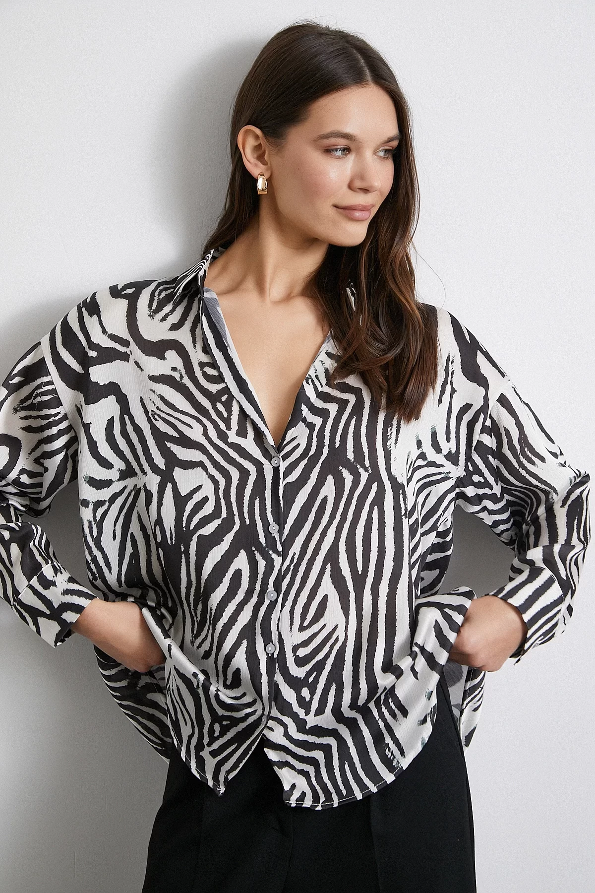 Zebra Pattern V Neck Satin Shirt Black