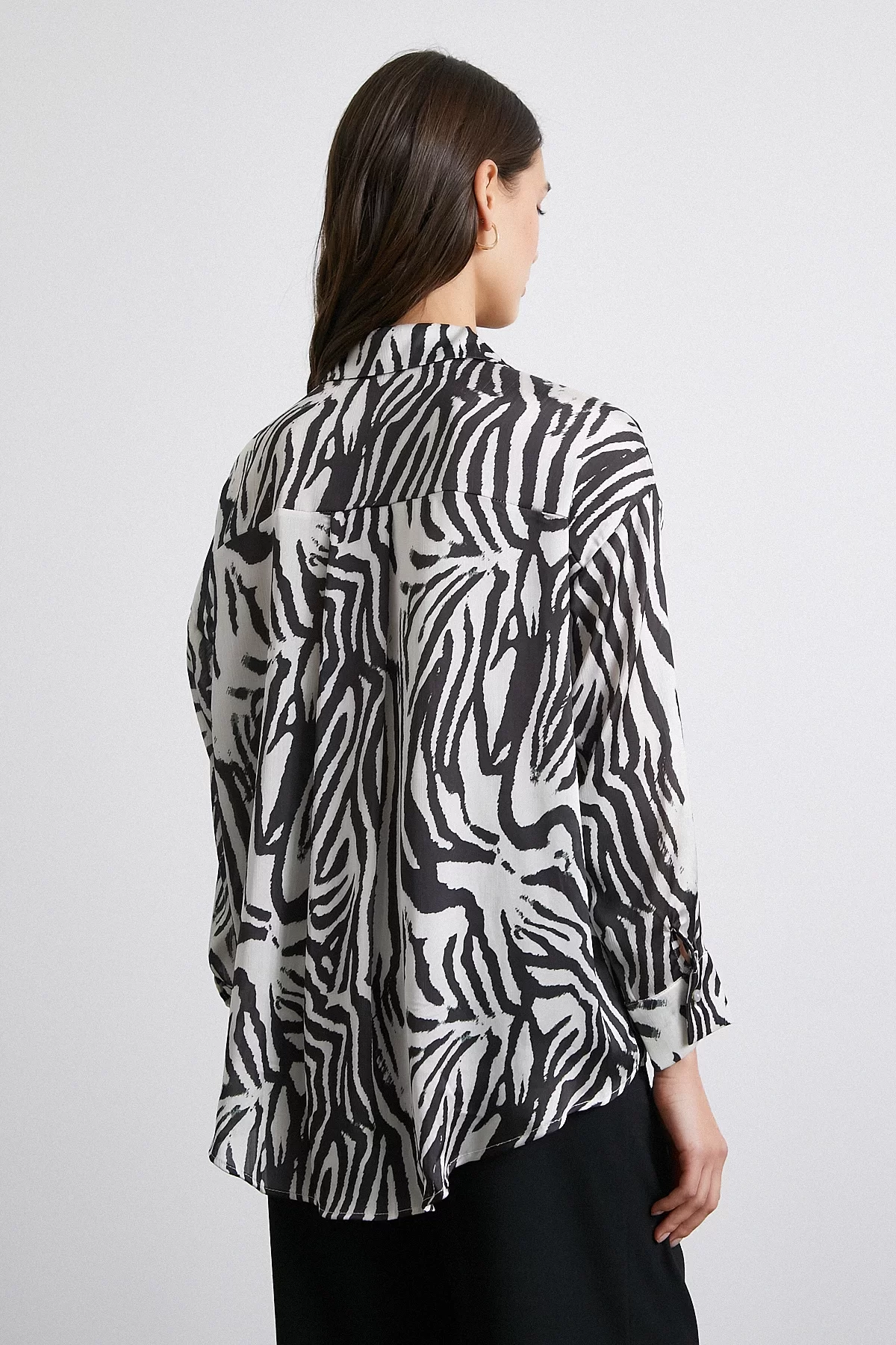 Zebra Pattern V Neck Satin Shirt Black