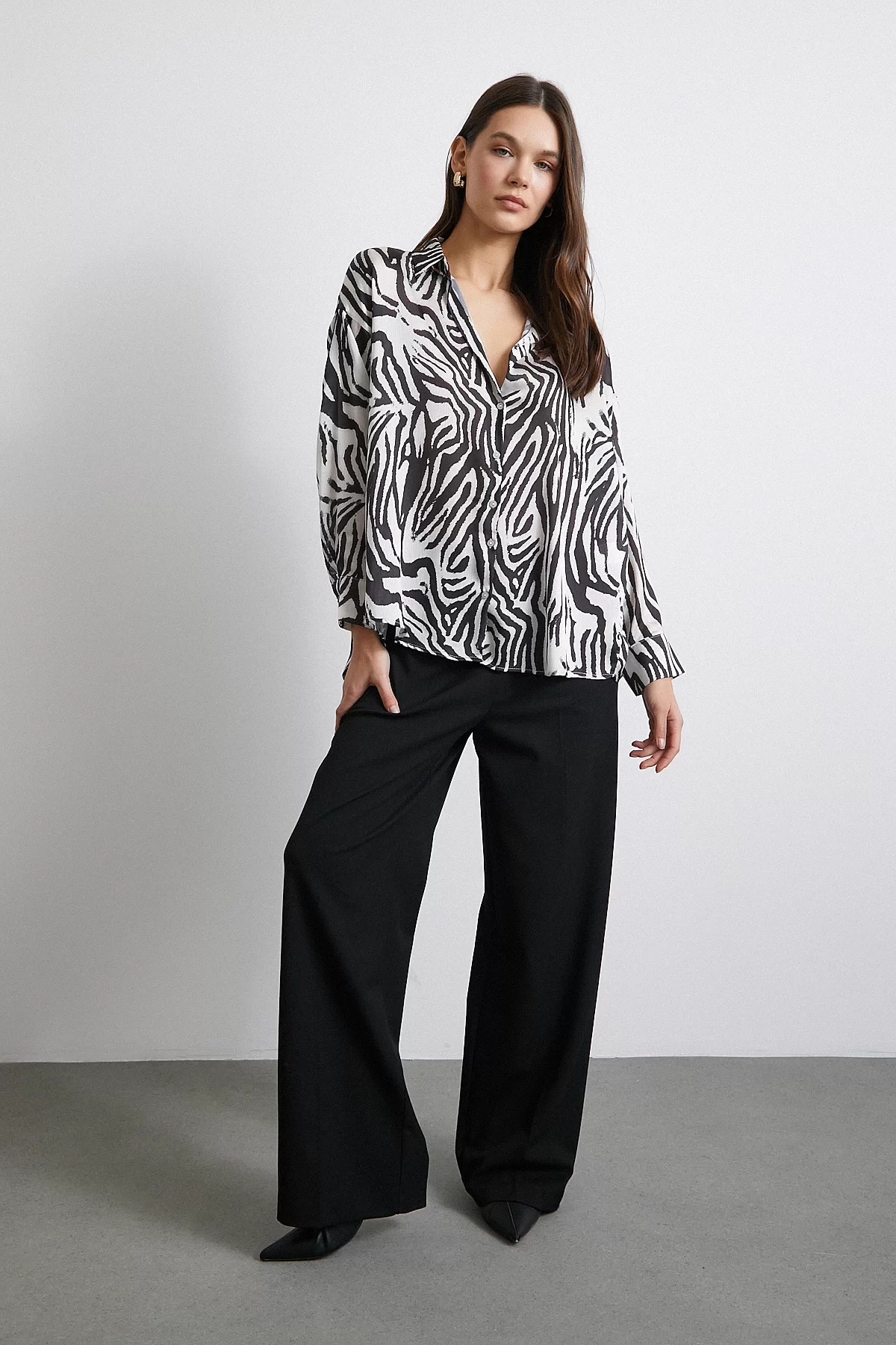 Zebra Pattern V Neck Satin Shirt Black