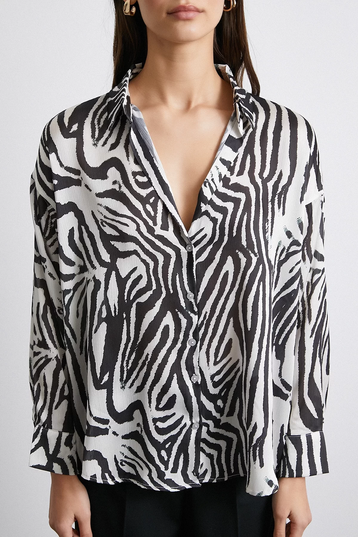 Zebra Pattern V Neck Satin Shirt Black