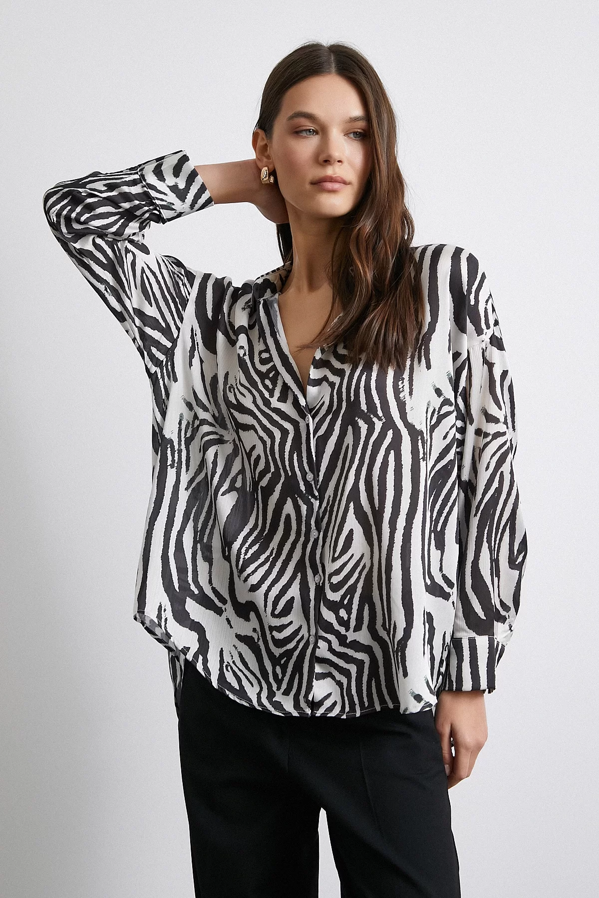 Zebra Pattern V Neck Satin Shirt Black