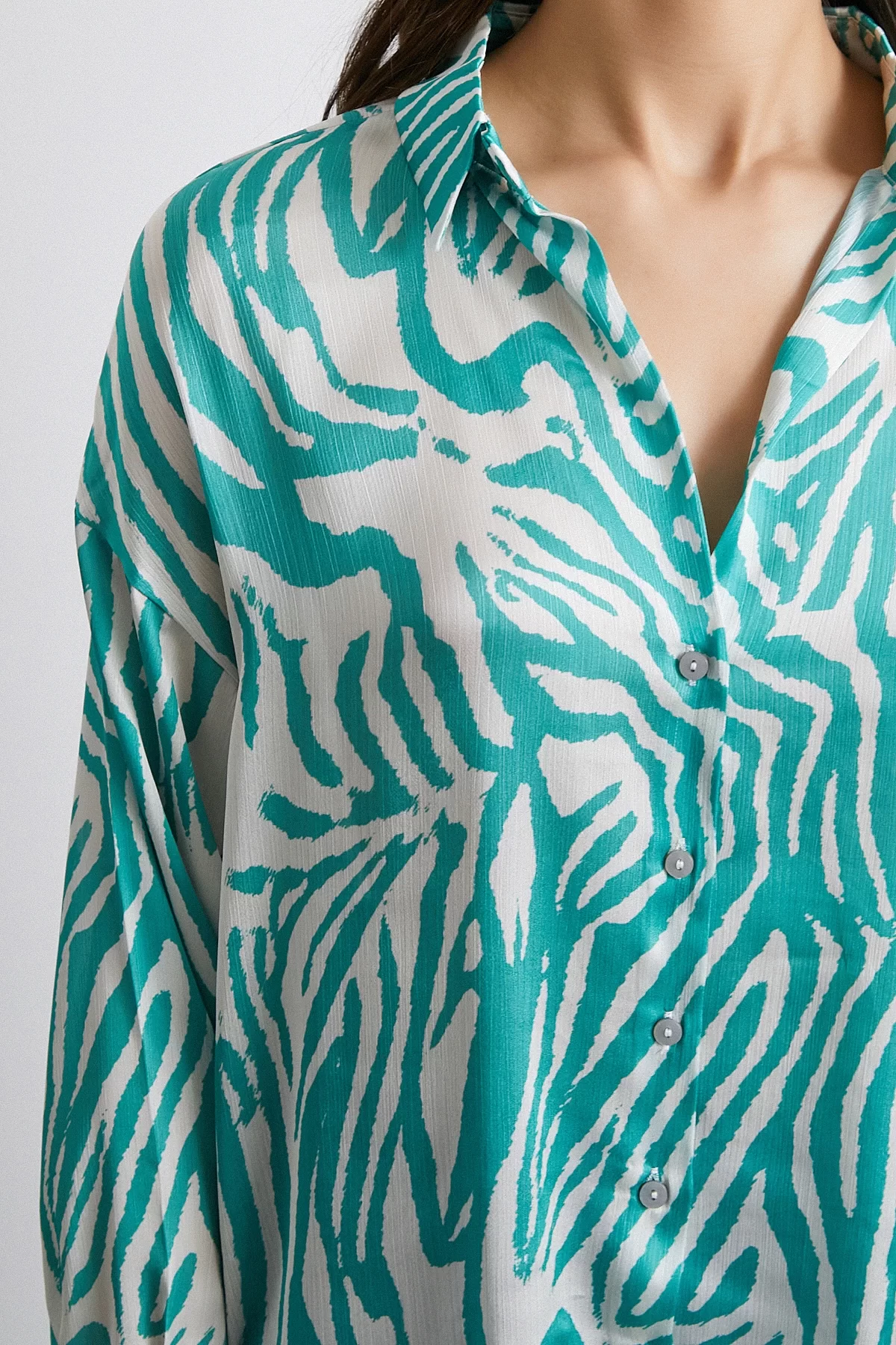 Zebra Print V-Neck Satin Shirt Green