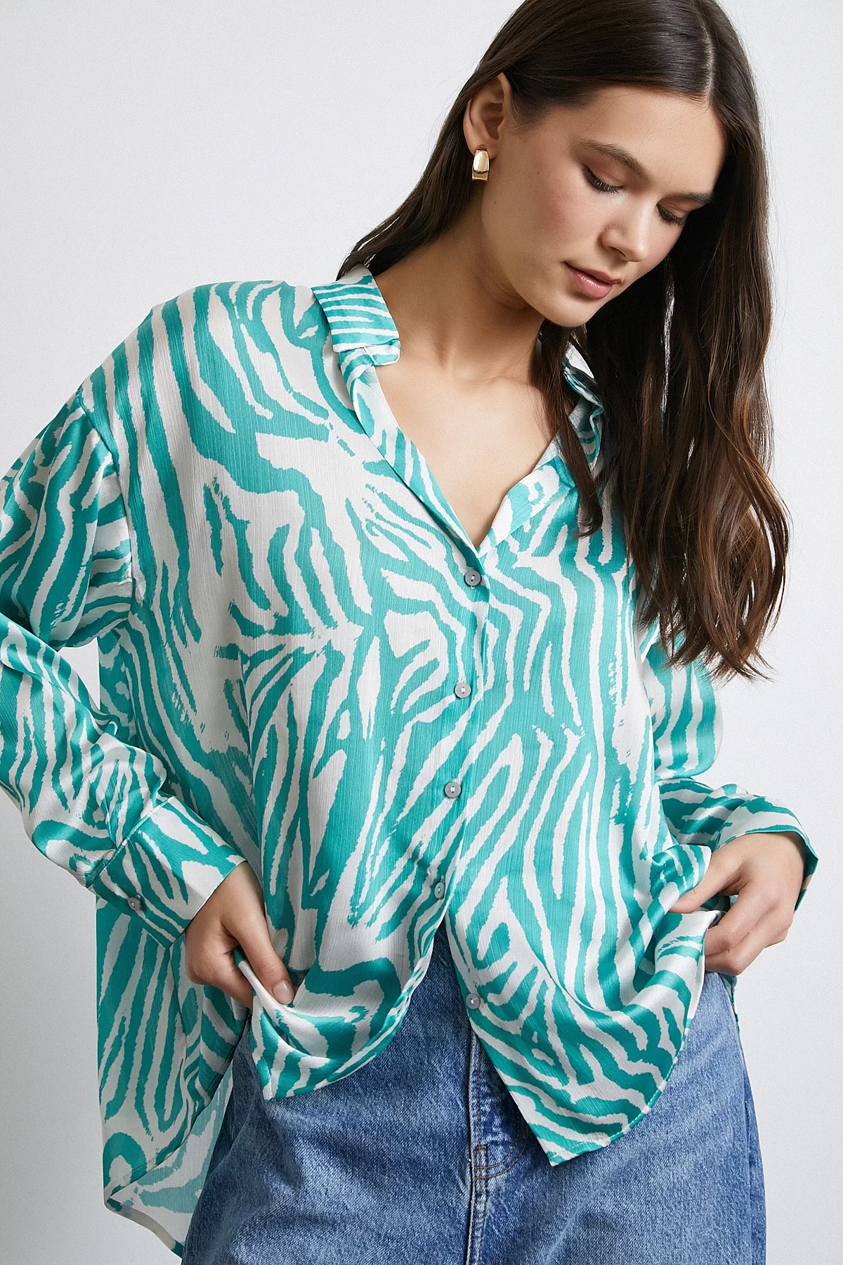 Zebra Print V-Neck Satin Shirt Green