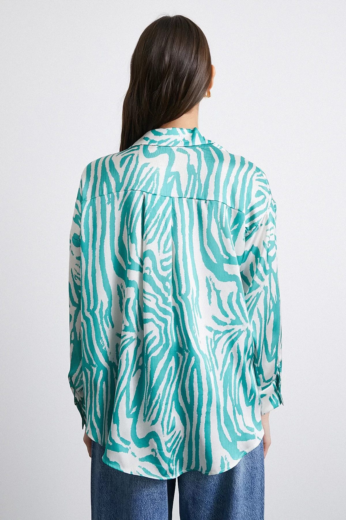 Zebra Print V-Neck Satin Shirt Green