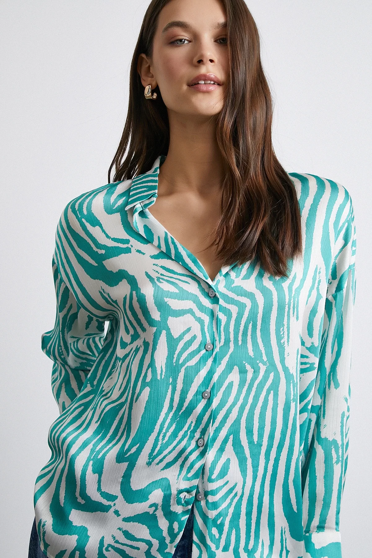 Zebra Print V-Neck Satin Shirt Green