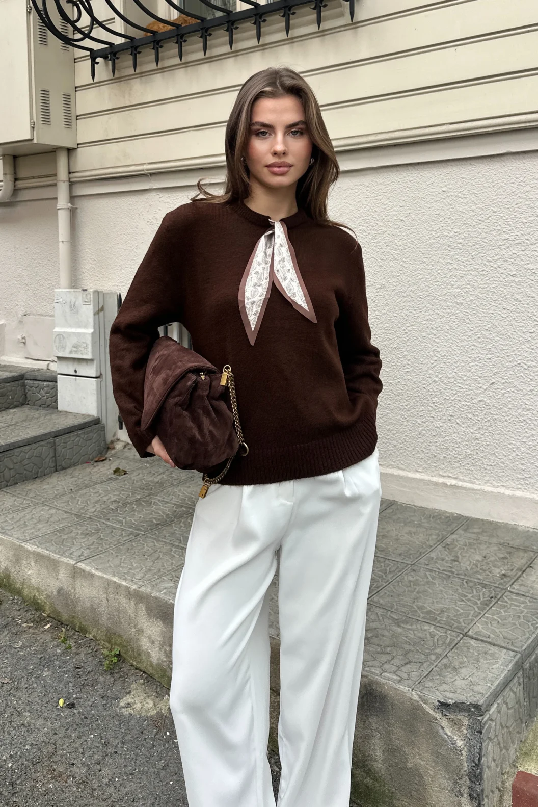 Fularlı Uzun Kollu Kazak Kahve