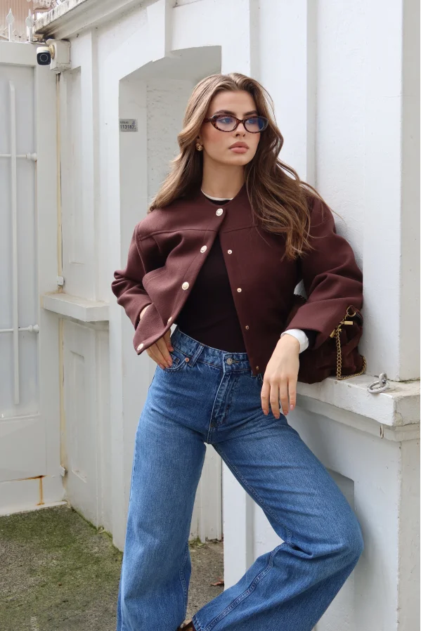 Beli Lastikli Düğmeli Bomber Ceket Kahve