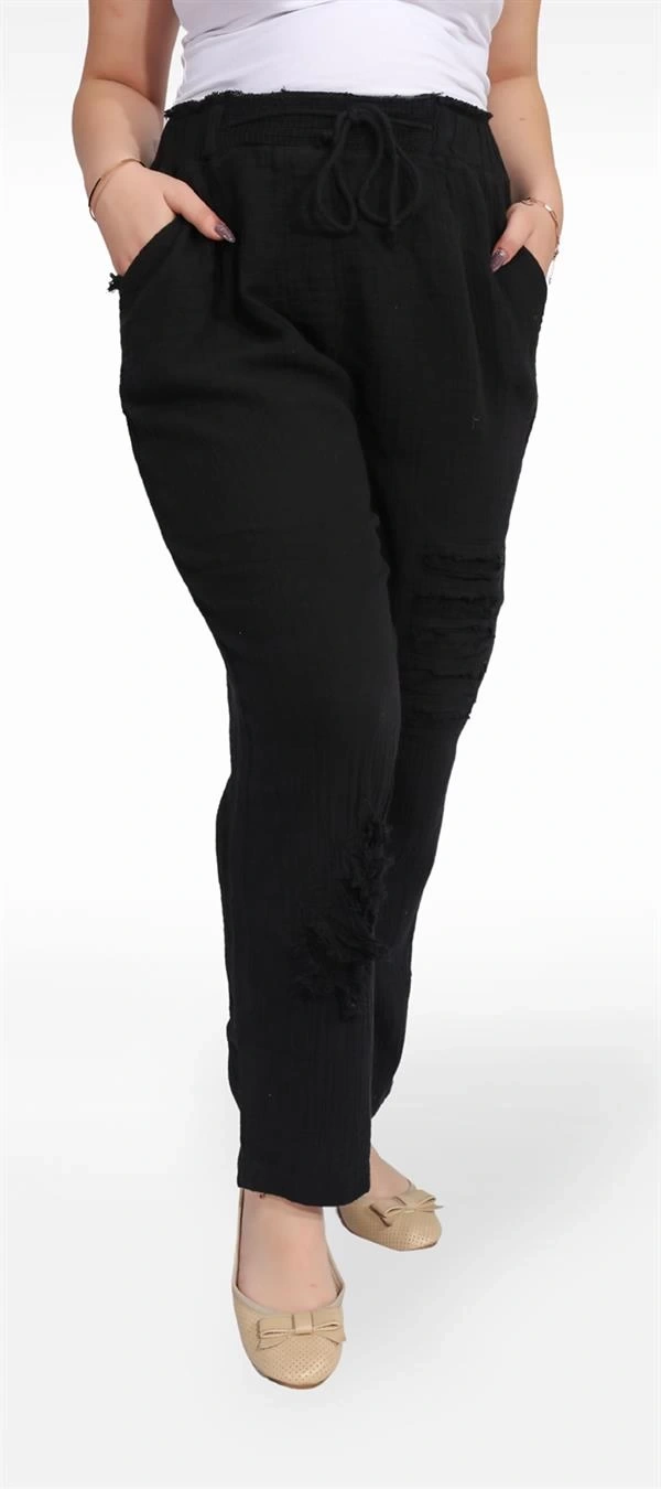 125001 Paçası Yırtmaçlı Püskül Detaylı Beli İpli Kadın Müslin Pantolon Siyah