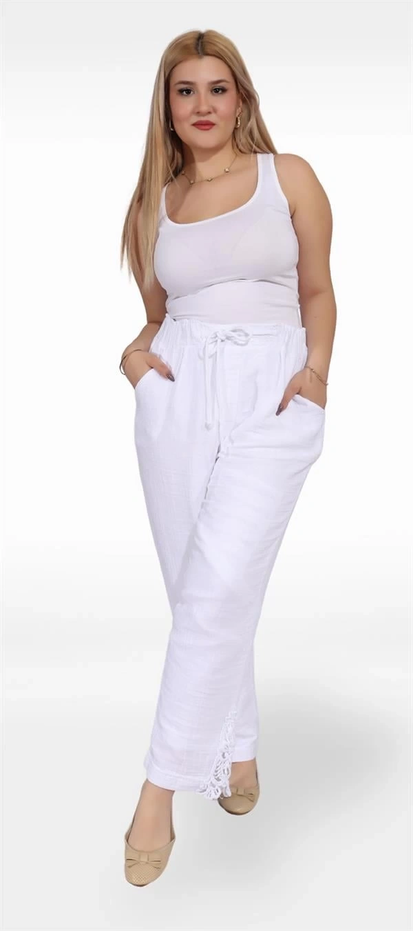 125002 Paçası Dantel Detaylı Beli İp Bağlamalı Kadın Müslin Pantolon Beyaz