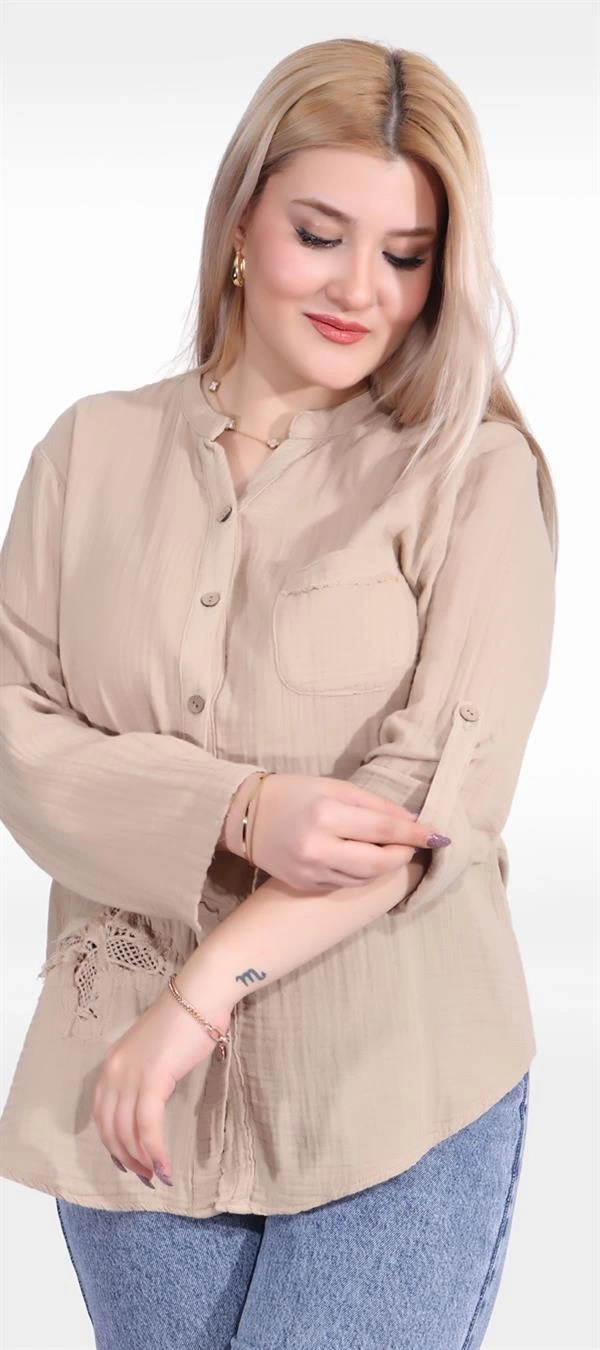125005 Kolu Katlanabilir Hakim Yaka Kelebek Detaylı Müslin Kadın Gömlek Bej