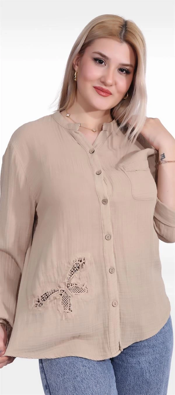 125005 Kolu Katlanabilir Hakim Yaka Kelebek Detaylı Müslin Kadın Gömlek Bej