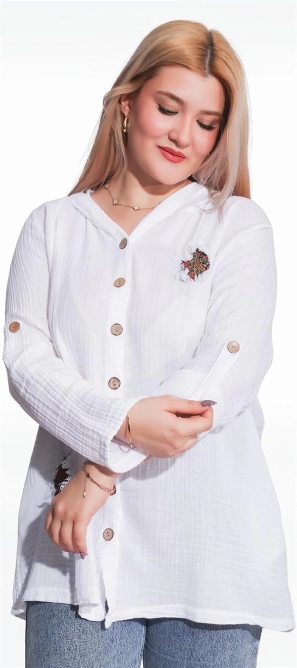 125006 Müslin Kumaş Kapşonlu Kadın Gömlek Beyaz