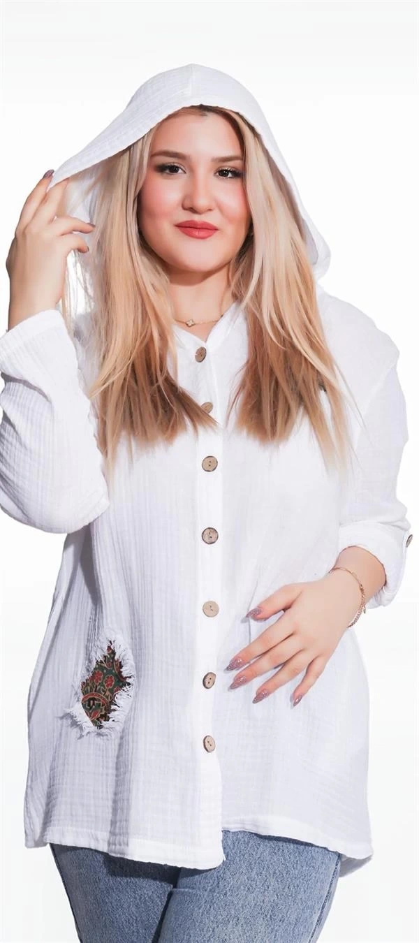 125006 Müslin Kumaş Kapşonlu Kadın Gömlek Beyaz