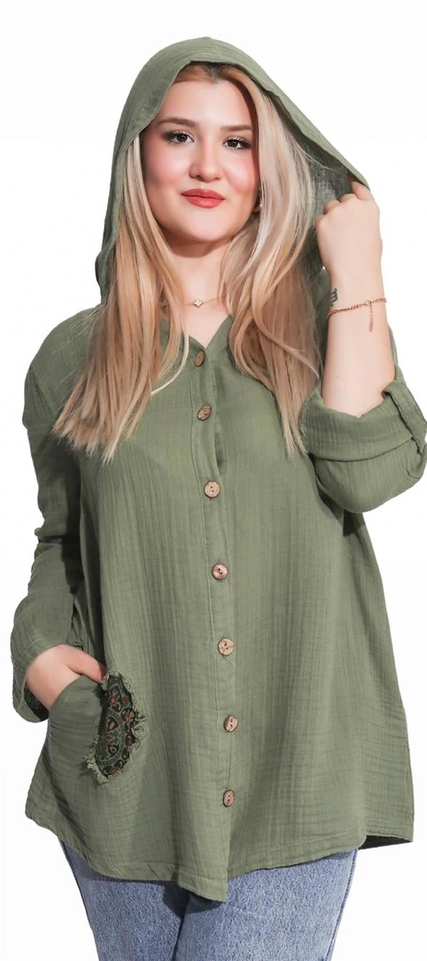 125006 Müslin Kumaş Kapşonlu Kadın Gömlek Haki
