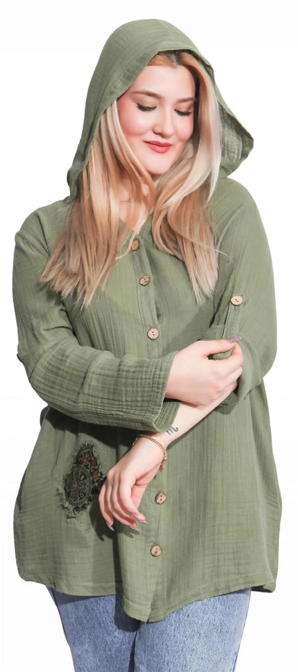 125006 Müslin Kumaş Kapşonlu Kadın Gömlek Haki