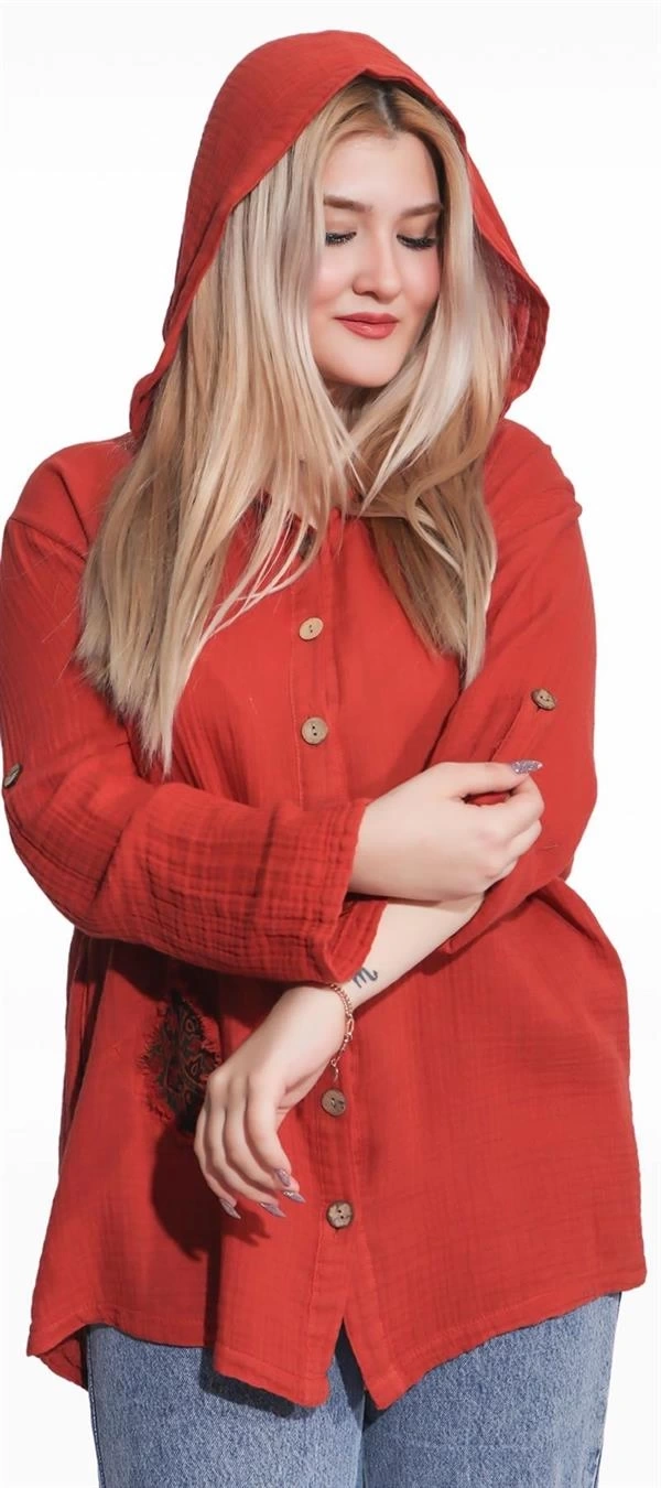 125006 Müslin Kumaş Kapşonlu Kadın Gömlek Kiremit