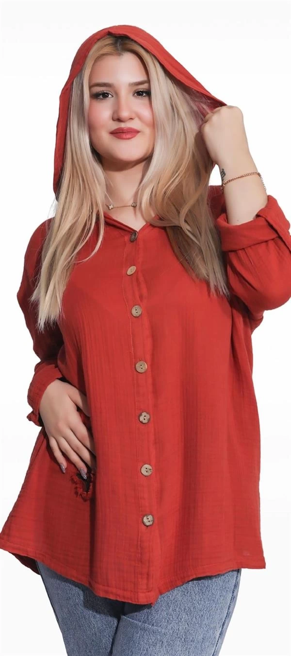 125006 Müslin Kumaş Kapşonlu Kadın Gömlek Kiremit