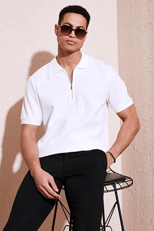 2570 Fermuarlı Polo Yaka Merselize Kumaş Kolu Ve Beli Lastikli Erkek TShirt Beyaz