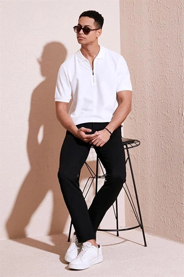 2570 Fermuarlı Polo Yaka Merselize Kumaş Kolu Ve Beli Lastikli Erkek TShirt Beyaz