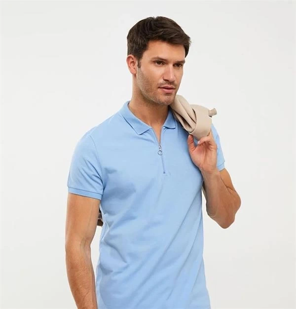 2570 Fermuarlı Polo Yaka Merselize Kumaş Kolu Ve Beli Lastikli Erkek TShirt Mavi