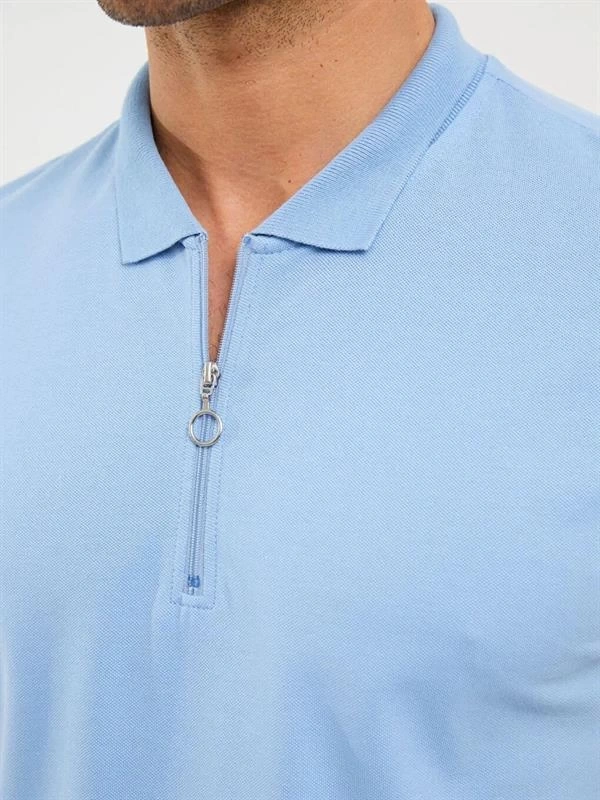 2570 Fermuarlı Polo Yaka Merselize Kumaş Kolu Ve Beli Lastikli Erkek TShirt Mavi