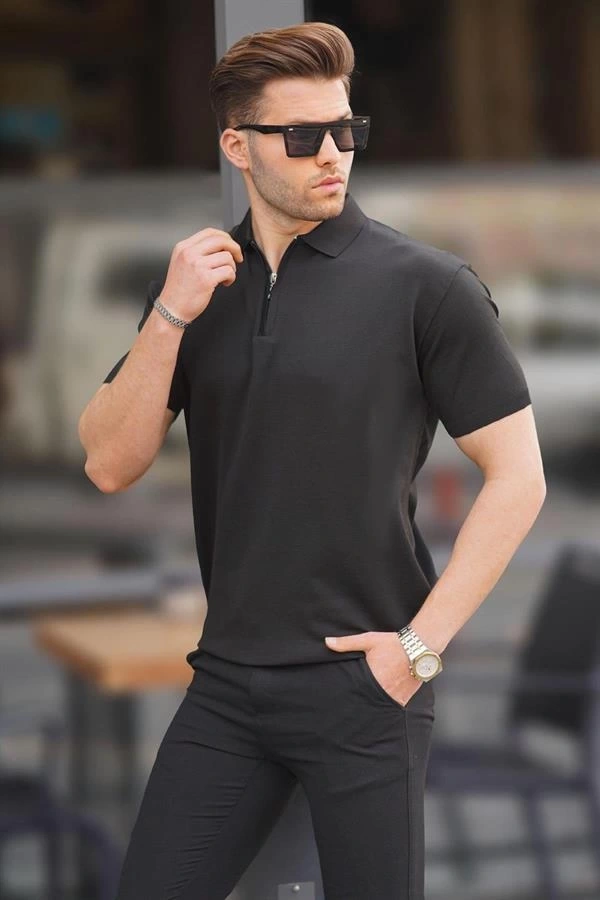 2570 Fermuarlı Polo Yaka Merselize Kumaş Kolu Ve Beli Lastikli Erkek TShirt Siyah