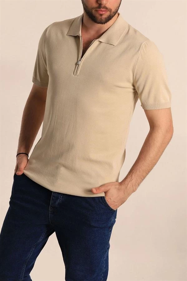 2570 Fermuarlı Polo Yaka Merselize Kumaş Kolu Ve Beli Lastikli Erkek TShirt Taş