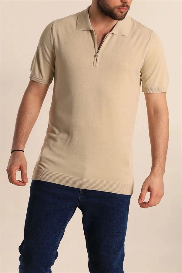 2570 Fermuarlı Polo Yaka Merselize Kumaş Kolu Ve Beli Lastikli Erkek TShirt Taş