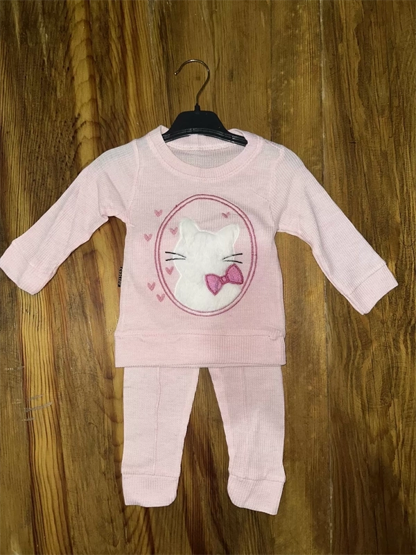 3-12 Aylık Kedi Desen İşlemeli Takım Pembe
