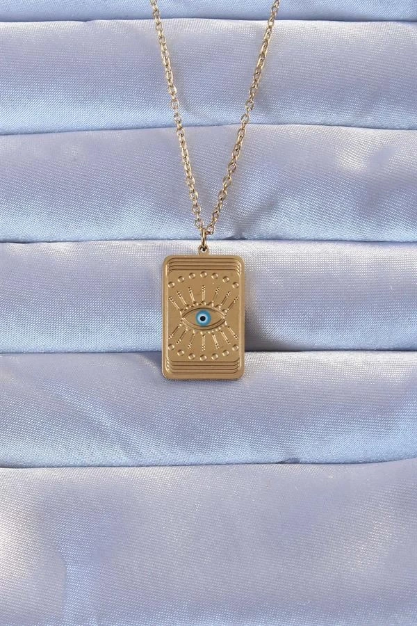 316L Altın Renk İşlemeli Nazarlı Göz Model Vintage Kolye