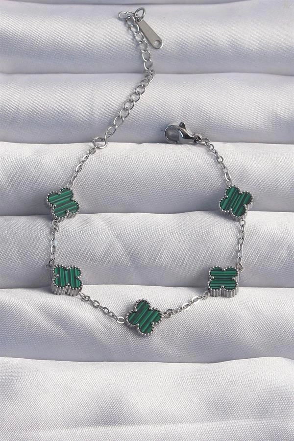 316L Çelik Baby Boy Gümüş Renk Çizgili Yeşil Mineli Yonca Bileklik