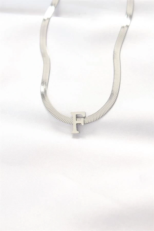 316L Çelik F Harfli Silver Renk İtalyan Zincirli Kolye