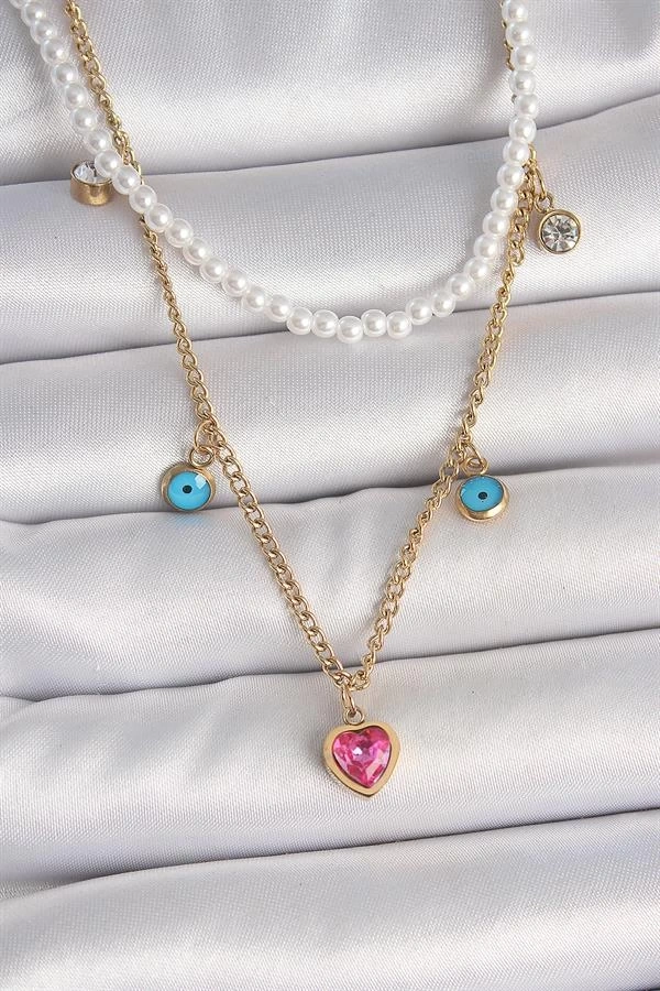 316L Çelik Gold Renk 2Li İnci Zincir Model Pembe Taşlı Kalp Figür Nazar Boncuk Detay Kadın Kolye