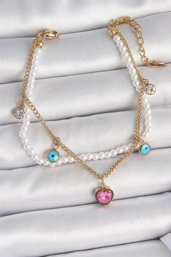 316L Çelik Gold Renk 2Li İncili Zincir Sallantı Pembe Kalp Model Nazar Boncuk Detay Kadın Bileklik