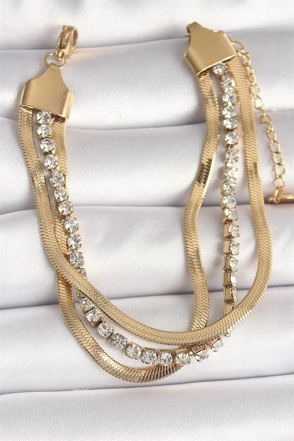 316L Çelik Gold Renk 2Li İtalyan Zincir Model Zirkon Taşlı Kadın Bileklik