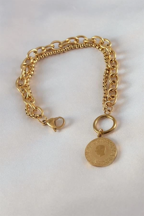 316L Çelik Gold Renk 2li Zincir Model Çeyrek Altınlı Kadın Bileklik