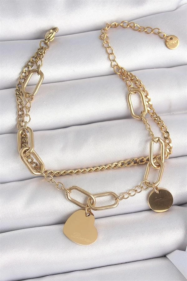 316L Çelik Gold Renk 2Li Zincir Model Sallantı Kalp Figür Kadın Bileklik
