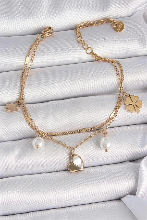 316L Çelik Gold Renk 2li Zincir Model Sallantı Kalp Figür Yonca Detay Kadın Bileklik