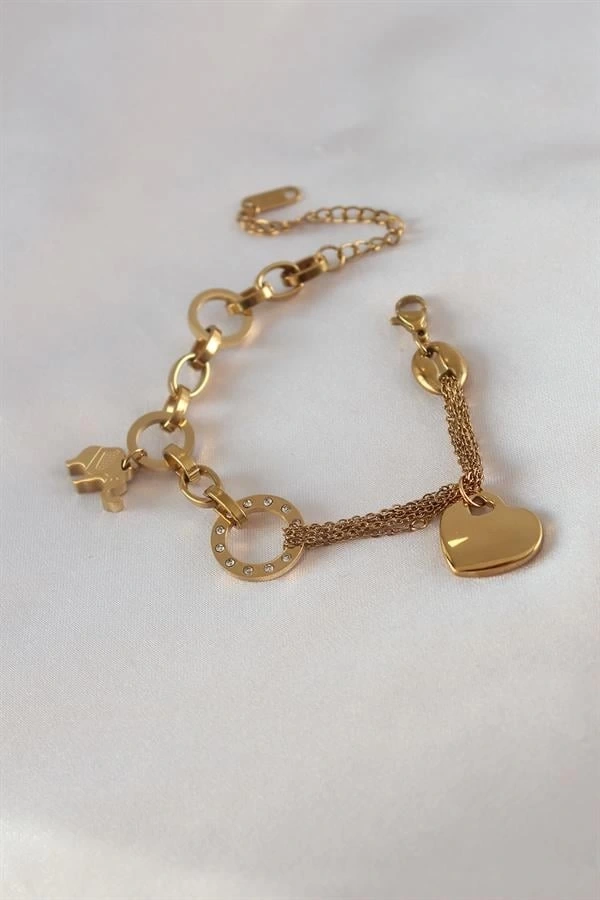 316L Çelik Gold Renk 2li Zincir Model Zirkon Taş Detay Kadın Bileklik